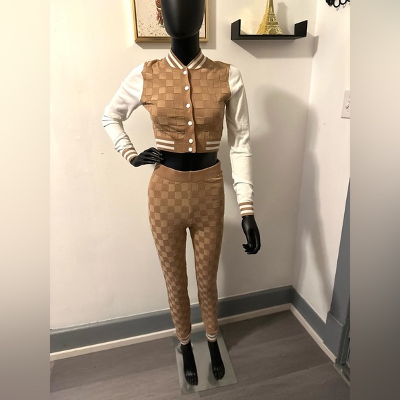 Khaki Two Piece Knit Varsity Stye Jacket Top High Waisted Knit Leggings Joggers - Picture 13 of 13